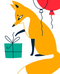 Fox unpacks a birthday present. Cartoon vector illustration for congratulations