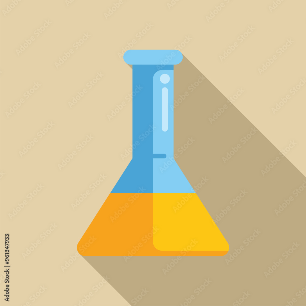 Sticker conical flask containing a yellow chemical substance casting a long shadow to the right