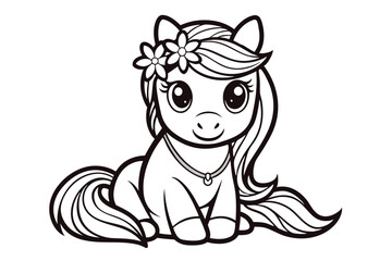 coloring page for kids, Cute horse with flowers line art illustration