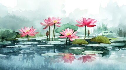 Tranquil Water Lilies: A Serene Watercolor Depiction of Flora Reflections