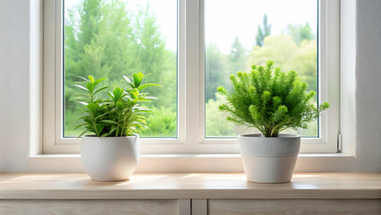 Sunlight Streaming Through Window With Two Potted Plants 