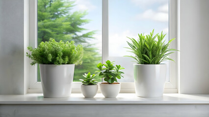 Fototapeta premium Windowsill Oasis: Lush green houseplants thrive in white pots, bathed in sunlight streaming through a bright window, bringing a touch of nature indoors. 