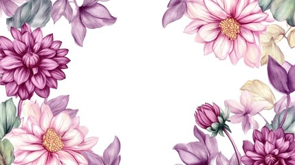 Delicate Watercolor Floral Border with Purple Flowers and Botanical Elements
