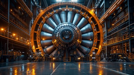 Obraz premium Inside a spacious manufacturing facility, a large industrial turbine stands prominently. The warm light casts a glow on its intricate design, showcasing the advanced engineering