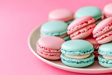 Obraz premium A plate of colorful macarons in pastel pink and blue, perfect for dessert or celebration.