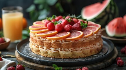 This layered fruit cake is adorned with fresh raspberries and citrus slices, showcasing vibrant colors against a rustic wooden backdrop filled with fresh fruits