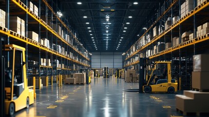 Modern Warehouse Interior with Forklifts and Pallets of Boxes