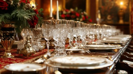 Envision a grand dining table in an opulent dining room, set for a formal dinner party. The table is adorned with fine china