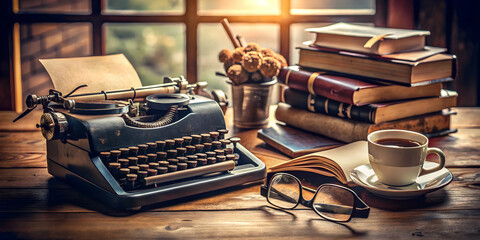 Vintage Writer's Retreat: A nostalgic scene of an antique typewriter resting on a wooden desk bathed in warm sunlight, accompanied by a cup of coffee, books, and a vase of flowers.  