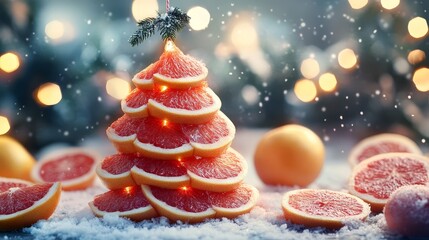 Festive Grapefruit Christmas Tree with Snow and Lights