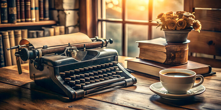 Vintage Writer's Retreat: A nostalgic scene of an antique typewriter resting on a wooden desk bathed in warm sunlight, accompanied by a cup of coffee, books, and a vase of flowers.  