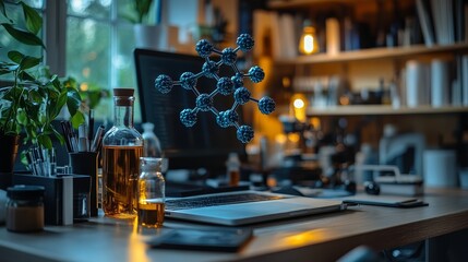 Science Lab Workspace with  D Molecular Model and Laptop