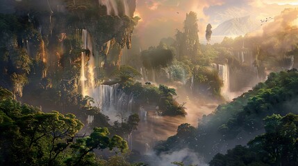 Fototapeta premium A breathtaking view of a lush, verdant valley with cascading waterfalls and misty mountains, bathed in the warm glow of a setting sun.