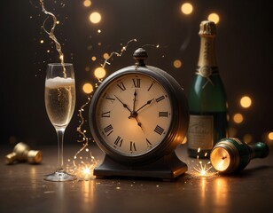 A close-up of a clock about to strike midnight on New Year’s Eve, with the countdown reflected in a champagne bottle nearby, captured with dramatic lighting and soft focus.