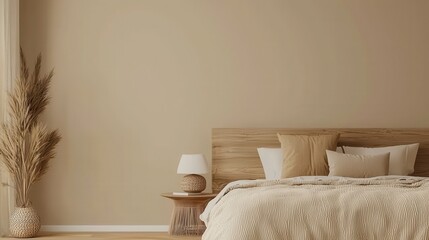 Minimalist Bedroom Interior Design with Wooden Bed  Beige Bedding  and Pampas Grass