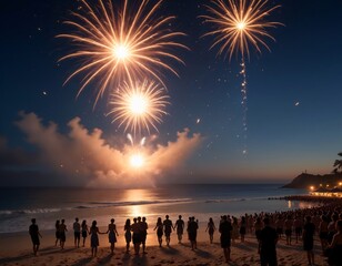 A wide-angle shot of a beachside New Year's Eve party, with fireworks lighting up the night sky, as silhouettes of people dance along the shore under moonlight.