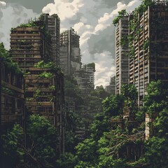 Obraz premium Gritty Pixelated Interpretation of Post-Apocalyptic Urban Landscape with Abandoned Overgrown Skyscrapers and Decaying Advanced Technology
