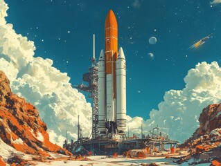 Fototapeta premium Space Launch Rocket on Platform with Clouds and Stars