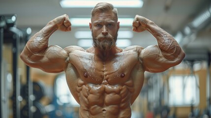 A muscular individual proudly showcases his physique by flexing his biceps in a gym environment, illuminated by natural light, emphasizing strength and fitness commitment