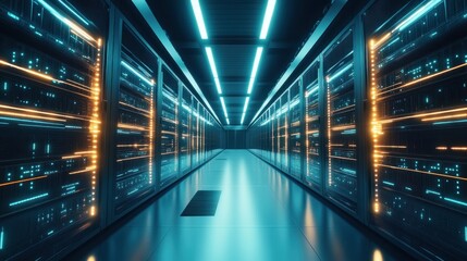 Obraz premium A futuristic data center corridor with illuminated server racks.