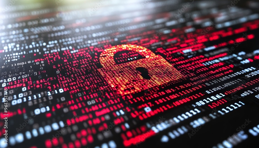 Poster red digital lock on data code background cybersecurity, data protection, network security concept.