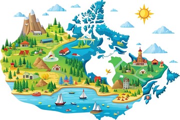 Fototapeta premium Vibrant vector illustration of Canada's geographical map showcasing provinces, territories, and borders, with iconic mountains, lakes, and forests in a colorful and stylized design.