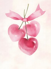 Fototapeta premium Cute Pink Watercolor Cherries with Ribbon on a Simple Background.