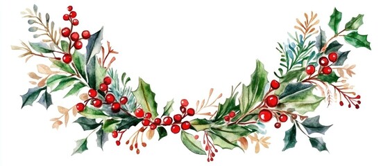 Fototapeta premium Charming Watercolor Wreath with Seasonal Greenery and Berries for Festive Decor