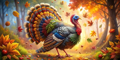 Vibrant, whimsical illustration of a proud turkey with colorful feathers, standing upright, surrounded by autumn leaves, acorns, and swirls of fall-inspired patterns.
