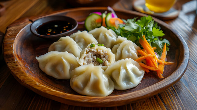 Close-up of a traditional Mongolian buuz (steamed dumplings) filled with minced meat and onions, served on a wooden plate with soy sauce and a side of pickled vegetables