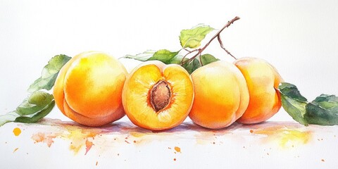 Vibrant Watercolor Apricots: A Lush Still Life Depicting Nature's Sweetness and Rich Colors