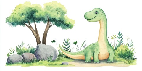 Fototapeta premium Charming Cartoon Dinosaur in a Lush, Playful Landscape