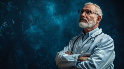 Older doctor in a lab coat with a stethoscope thoughtfully gazing upward against a blue background
