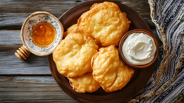 Close-up of boortsog (Mongolian fried dough) golden and crispy, served with a side of clotted cream and honey on a traditional wooden table
