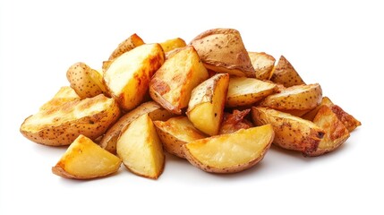 Tasty golden color fried potato wedges isolated on white background. AI generated