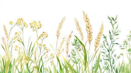 Vibrant Watercolor Illustration of Wildflowers and Grasses in a Serene Nature Setting