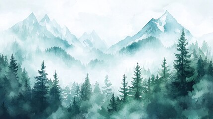 Fototapeta premium Serene Watercolor Landscape of Misty Mountains and Lush Forests