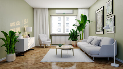 large luxury modern bright interiors living room with air conditioning mockup illustration 3D rendering
