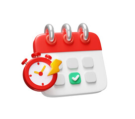 Calendar and Stopwatch Icon with Checkmark, Time Management and Scheduling Icon Deadline Reminder with Lightning Bolt 3D Illustration