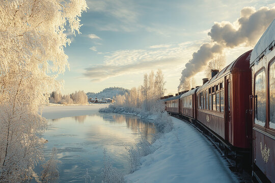 Vintage train travels through snow covered countryside with panoramic winter views