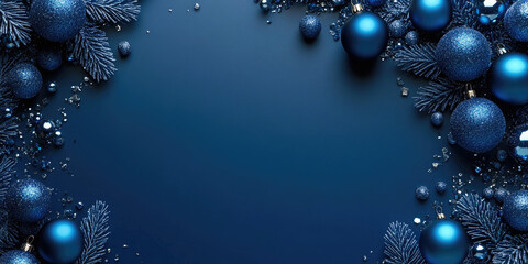 Christmas background with blue ornaments and fir tree branches on blue background. Elegant christmas greeting card design. Banner. Christmas and New Year! Flat lay, top view. Copy space. Mock up