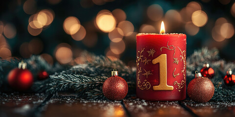 Red candle with number one surrounded by christmas decoration, marking the first sunday of advent, a time of waiting, preparation for the celebration of the nativity of Jesus Christ. Erster Advent