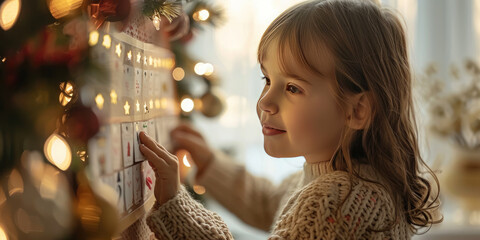  Happy girl opening festive advent calendar at cozy home, counting down to christmas with surprises and twinkling lights