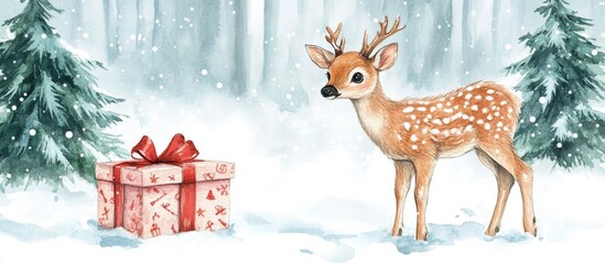 Obraz premium Enchanting Winter Scene with a Deer and a Festive Gift Box in a Snowy Forest
