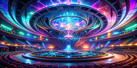 Neon Dreamscape Stage: A futuristic, immersive stage bathed in vibrant neon lights, perfect for showcasing music, performance, or a captivating product launch.  A dreamlike setting that evokes a sense