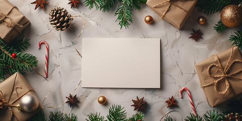 Fototapeta premium Christmas composition with greeting empty white card and gift boxes. Perfect concept for christmas or new year. Flat lay, top view. Copy space. Mock up