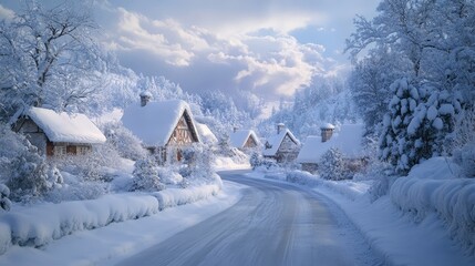 Naklejka premium Envision a road that meanders through a picturesque village covered in a blanket of snow.