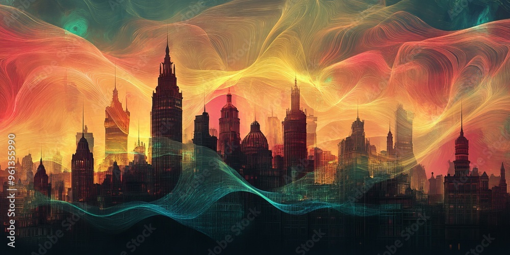 Wall mural silhouetted cityscape with abstract colorful waves.