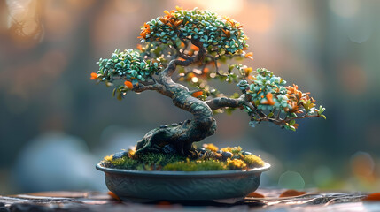 Fototapeta premium Bonsai Tree with Green and Orange Leaves - Realistic Photo