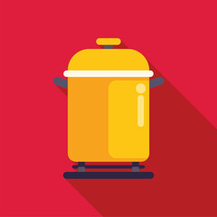 Large yellow cooking pot with lid sitting on stove top burner, in flat design style